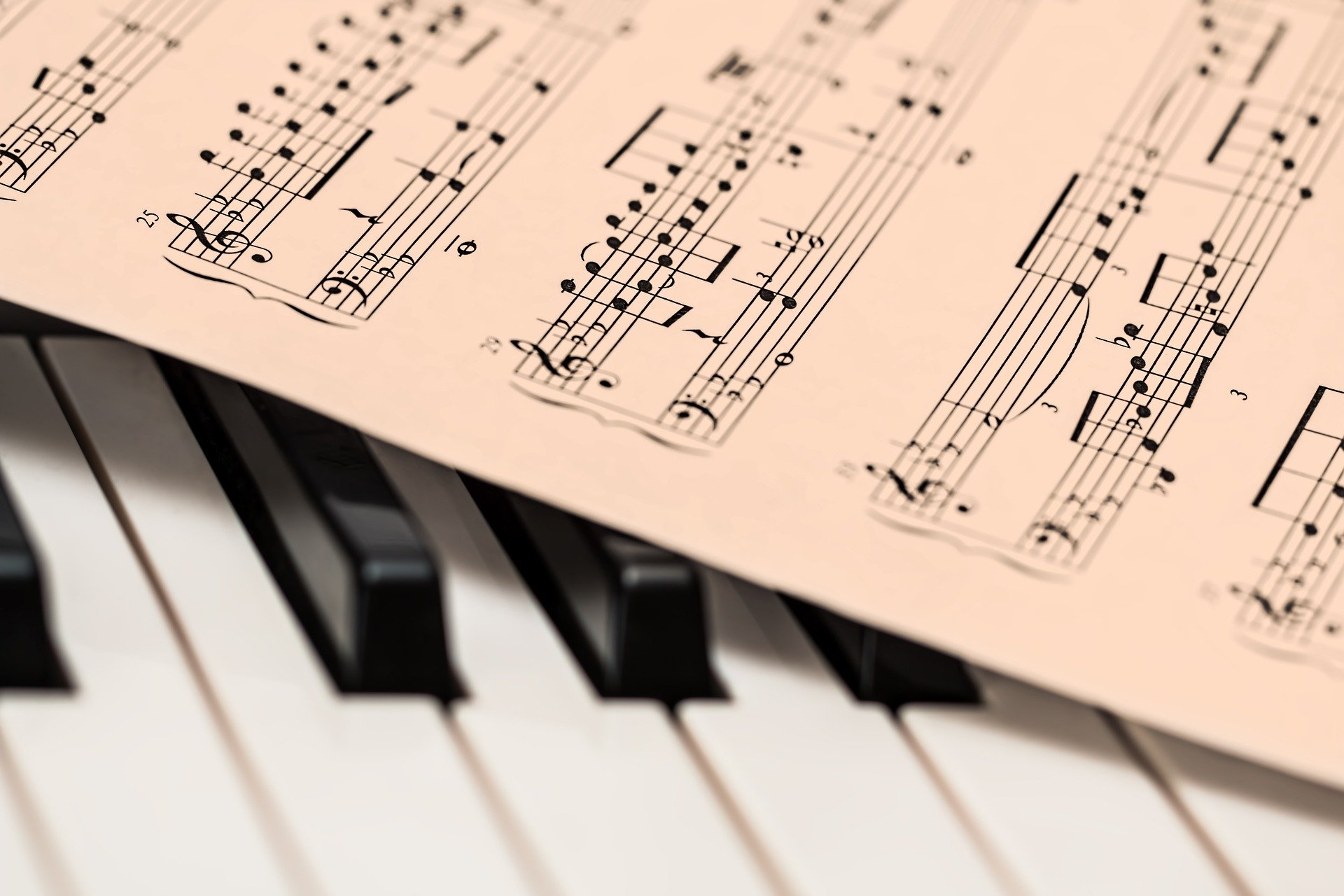 photo of sheet music resting on a piano keybaord